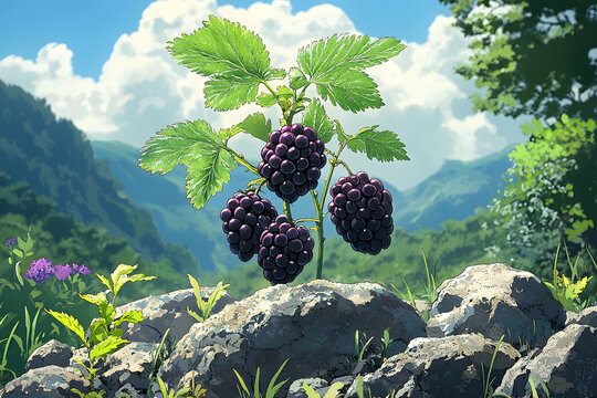 A close-up of a vibrant blackberry seedling sprouting in a sunlit garden, surrounded by lush greenery, conveying a sense of magic and mystery.