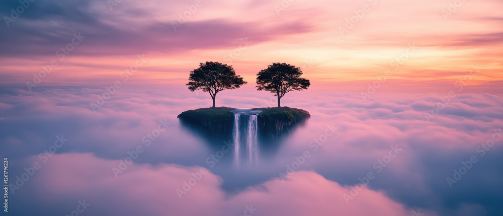 Poster surreal floating island with two trees and waterfall surrounded by clouds at sunset
