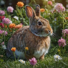 Fototapeta premium A rabbit in a quaint, small cage in a peaceful meadow filled with vibrant wildflowers. A small, fierce rabbit with its ears perked up, surrounded by spring wildflowers in a meadow.