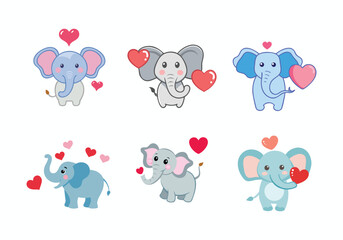 Cute cartoon elephants with Hearts icon set