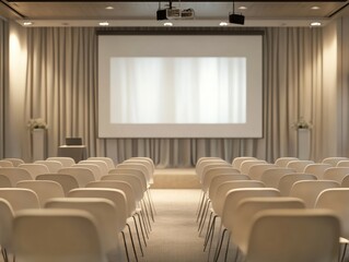 Fototapeta premium Empty Conference Room with Projector and Screen Set Up for a Meeting Presentation