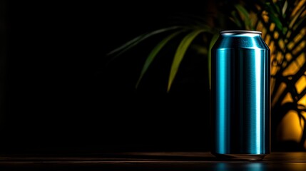 Fototapeta premium Isolated Tall Light Blue Can With Smooth Texture and Glowing Effect in Dark Background