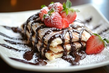 Delicious Pancakes Topped With Strawberries And Chocolate Sauce