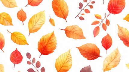 Obraz premium Autumn Watercolor Leaves Pattern: A charming seamless pattern featuring vibrant watercolor autumn leaves in warm shades of red, orange, and yellow, perfect for fall-themed designs. 