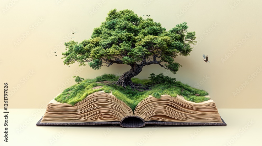 Poster enchanted story book of nature with a tree and bird in flight symbolic of imagination and knowledge