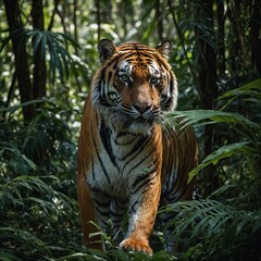 Fototapeta premium tiger in the jungle A regal tiger walking through a dense jungle, with soft light filtering through the foliage. A tiger prowling in the jungle. A majestic tiger stalking through the jungle at dawn. A