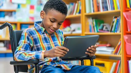 Young Boy in Wheelchair Using Tablet in Library