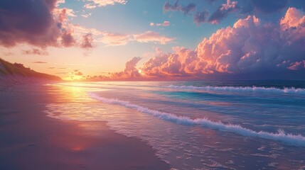 Fototapeta premium Ethereal Beach Sunset with Pink Clouds and Gentle Waves Kissing the Shoreline in Pastel Hues