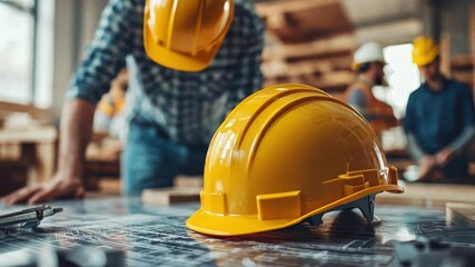 Crafting Construction: A detailed image captures the essence of a construction site, showcasing a close-up of a yellow safety helmet in sharp focus on a workbench.