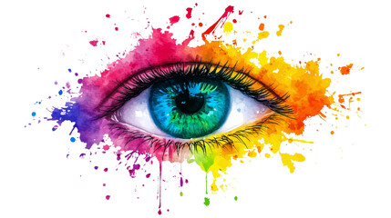 A close-up of a vibrant, multicolored human eye painted with soft watercolor strokes on transparent png background. Ai generated