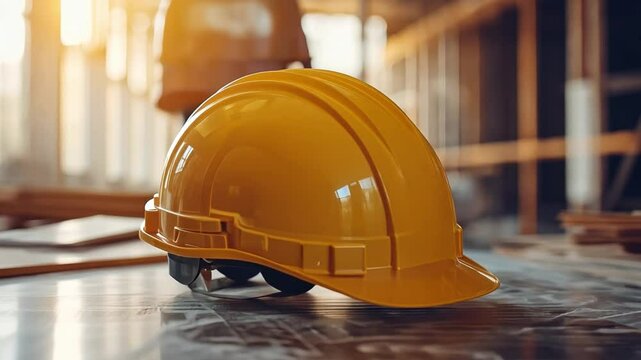 Safety First: A yellow hard hat, symbol of construction site, sits prominently. conveying the idea of safety, diligence and construction