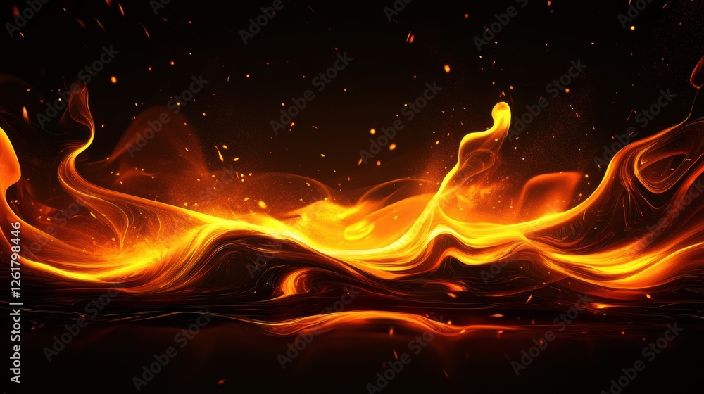 Poster fiery abstract flows of molten energy emanating in the darkness with dancing particles of light