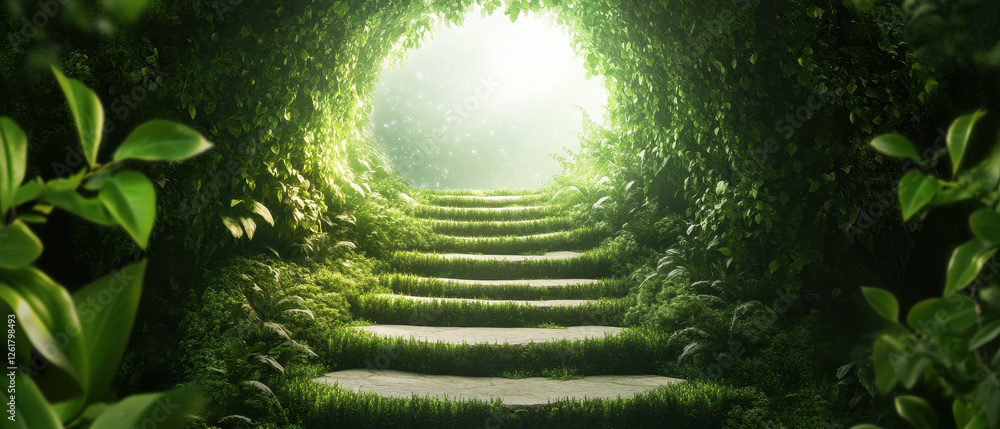 Poster serene pathway leads through lush greenery, illuminated by soft light, creating magical atmosphere