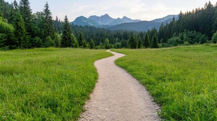 Fototapeta premium Mountain Meadow Path, Scenic Valley Landscape, Peaceful Outdoors