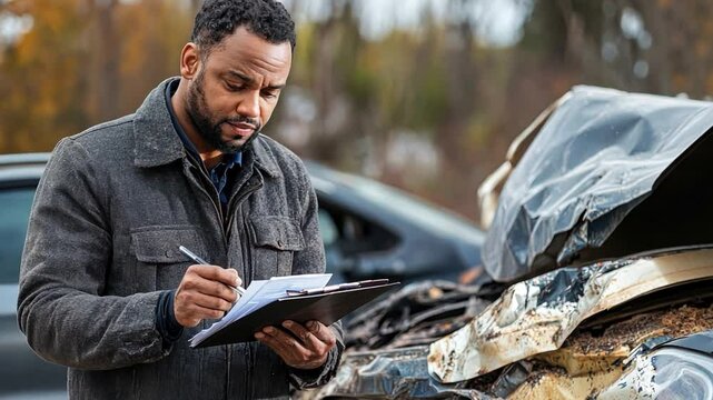 Assessment of the Aftermath: A composed inspector meticulously documents the damage of a car in the aftermath of an accident, focusing on the details.