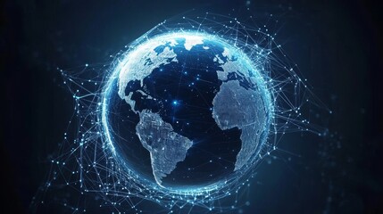 Fototapeta premium Abstract digital blue Earth globe with glowing connections and data flow lines, symbolizing global network technology or connectivity on a dark background. 