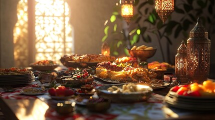 3D representation of a Ramadan feast spread across a beautifully lit table.