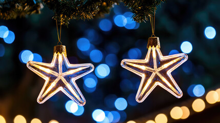 A magical festive background of a starry sky with blue light bokeh, ideal for New Year and Christmas celebrations. The twinkling stars shine against the dark sky, with a soft blue glow adding warmth