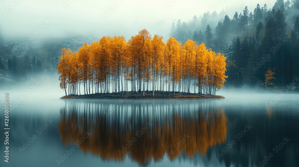 Poster in the early morning, an island with several yellow birch trees on it. the water surface reflects th