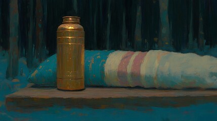 Rustic still life warm light bathes aged copper bottle beside soft fabric. AI Generated