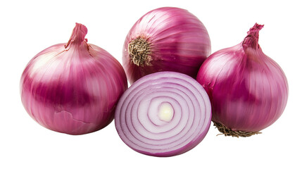 A group of various onions—red, yellow, and white—arranged together on transparent png background. Ai generated