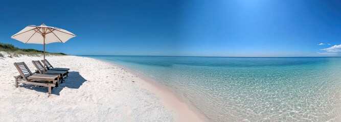 Beach chairs under umbrella, turquoise water, white sand. Vacation travel ad