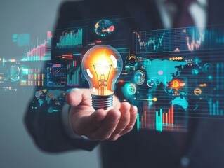 Obraz premium Idea Generation with Hand Holding Lightbulb Displaying Data Driven Insights and Global Connectivity