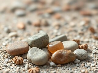 Assortment of Smooth, Round Stones and Decorative Star-Shaped Objects on a Sandy Surface with Shallow Depth of Field