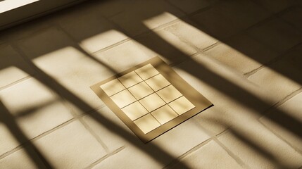 Sunlit Grid: A Study in Light and Shadow on a Beige Tile Floor