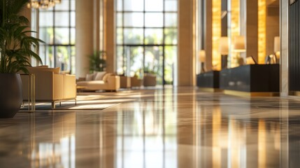 Fototapeta premium Luxurious Lobby Interior Design with Elegant Seating and Reflective Flooring in Hospitality Space