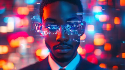 A CEO’s futuristic double exposure portrait fused with an AI-powered global economy, neon-colored financial transactions, and a radiant metaverse business interface, ultra-detailed cyber glow,