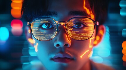 A CEO’s futuristic double exposure portrait fused with an AI-powered global economy, neon-colored financial transactions, and a radiant metaverse business interface, ultra-detailed cyber glow,