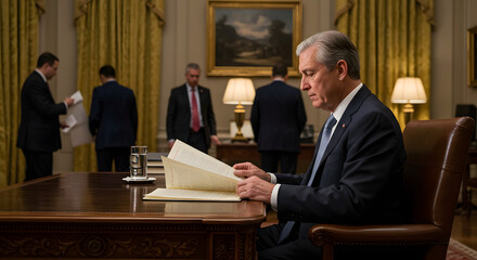 Serious man reading important documents at oval office desk important government official reviewing paperwork presidential on transparent background