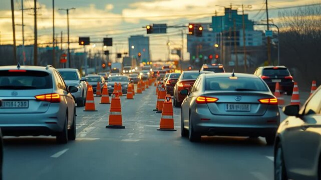 Traffic Flow: Cars navigating a busy city street with orange cones to direct traffic. Captured from a close angle, it offers a dynamic perspective of urban transit