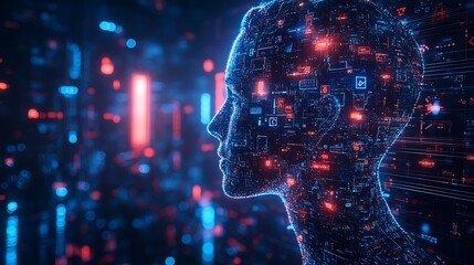 A corporate leader’s silhouette fusing with a 3D digital marketplace, blockchain-powered global transactions, and a cybernetically enhanced city skyline, intricate sci-fi aesthetics, neon glow,