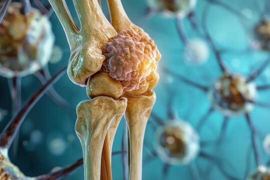 Educational depiction of a knee joint affected by bone cancer focusing on osteosarcoma.