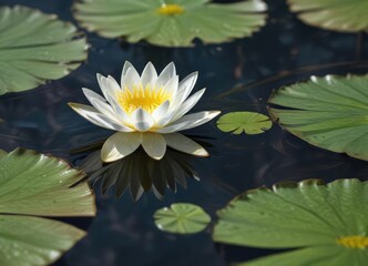 Delicate water lily with white petals and yellow center blooming in the calm pond water, botanical garden , gentle bloom, peaceful environment