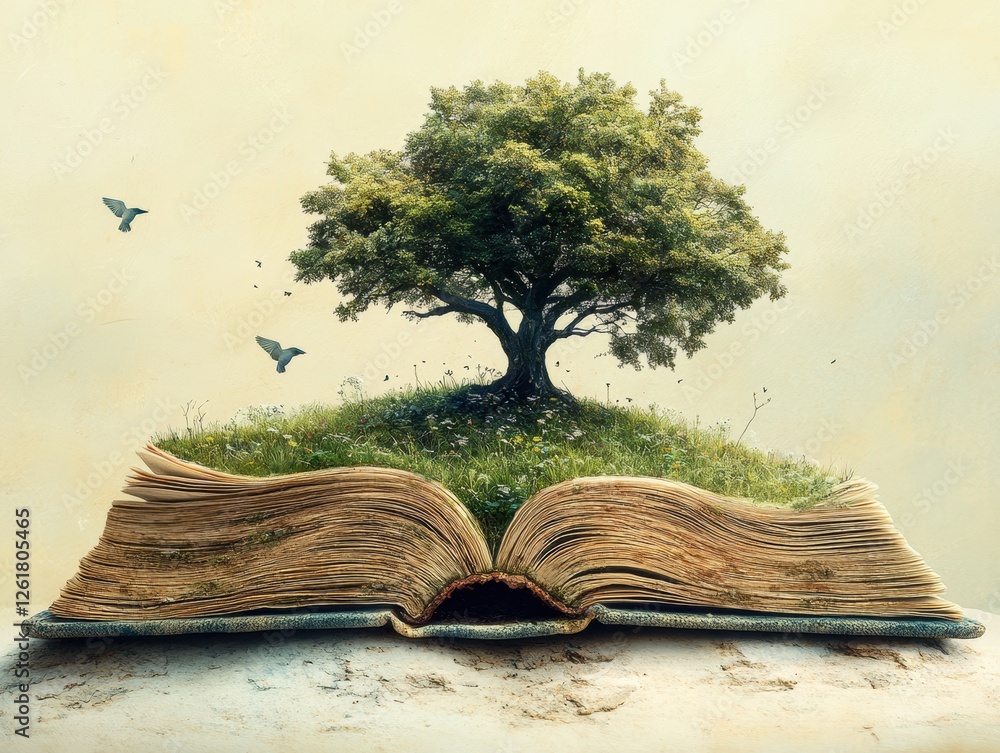 Aufkleber open book revealing enchanted tree with birds in flight imaginary worlds and boundless knowledge