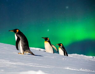 Fototapeta premium Capturing the Playful Interaction of Penguins Sliding Down an Icy Slope Under the Glow of the Aurora Australis