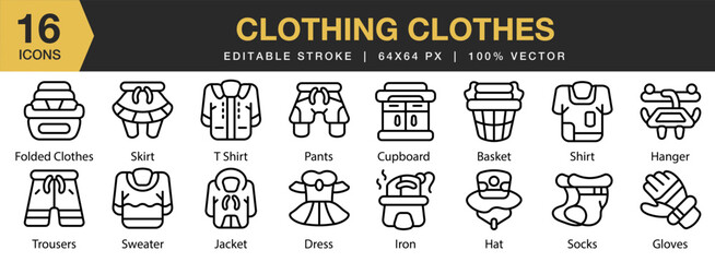 Fototapeta na wymiar Clothing Clothes icon set. Editable Stroke Icon Collection. Includes cloth, cotton, fashion, clothes, dress, and More. Outline icons vector collection.