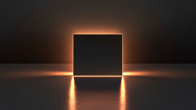 3d rendering of square podium in a dark rom illuminated with neon light. open door to the light - Powered by Adobe