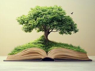 Open Book with Tree of Knowledge and Flying Bird Represents Education and Learning Narrative