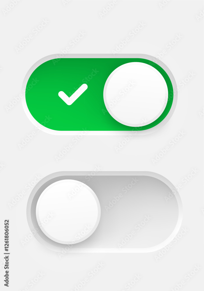 Poster Interface toggle buttons set. On Off switch. 3d vector element idolated on white background