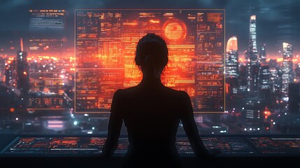 Fototapeta premium A female CEO's profile infused with real-time AI-powered corporate analytics, futuristic leadership intelligence, and a radiant smart city skyline, cinematic sci-fi business storytelling,