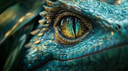 Fototapeta premium A dragons eye gleams gold and teal in shadow