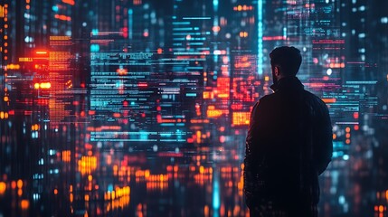 Fototapeta premium A futuristic entrepreneur's silhouette dissolving into interactive business intelligence dashboards, augmented reality trade negotiations, and a cybernetic economy grid, cinematic cyberpunk realism,