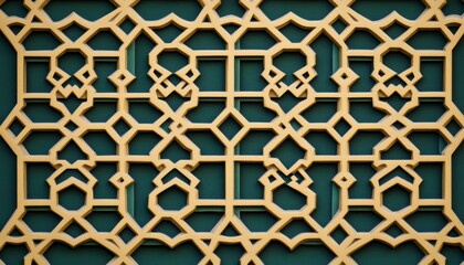 Fototapeta premium Intricate geometric pattern in gold and teal. Detailed carving with repeating shapes creates a textured surface. Close-up view showing fine details of the design