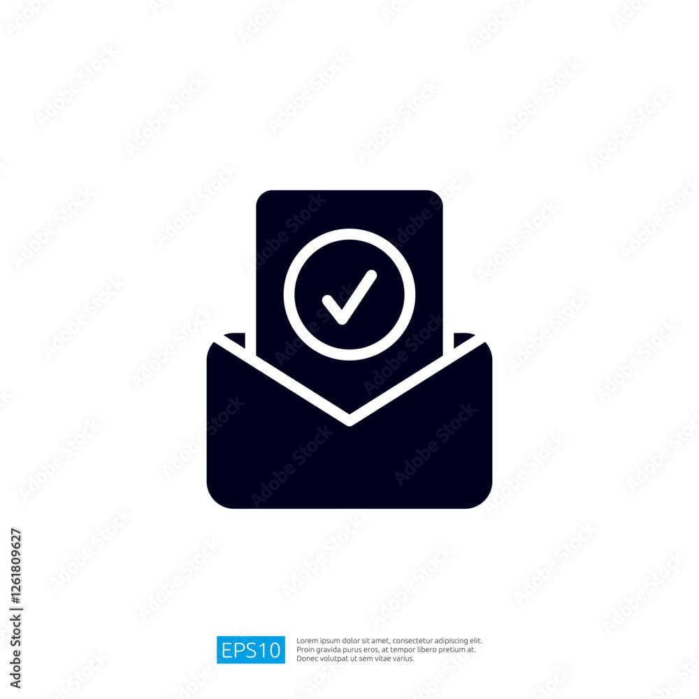 Poster an envelope with a checkmark symbol on a document inside, representing the concept of confirmed comm