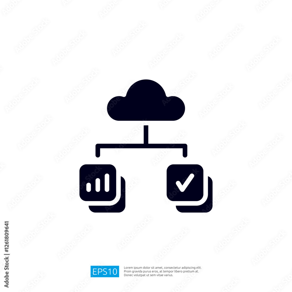 Poster a cloud symbol connected to two icons representing data analysis and task completion, illustrating c