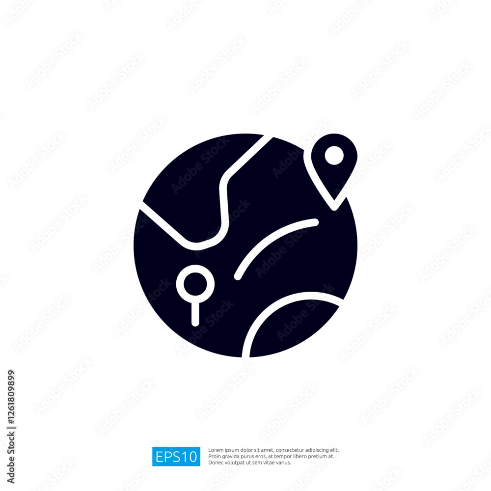 Poster a minimalist graphic representation of a earth globe with location markers, symbolizing navigation a